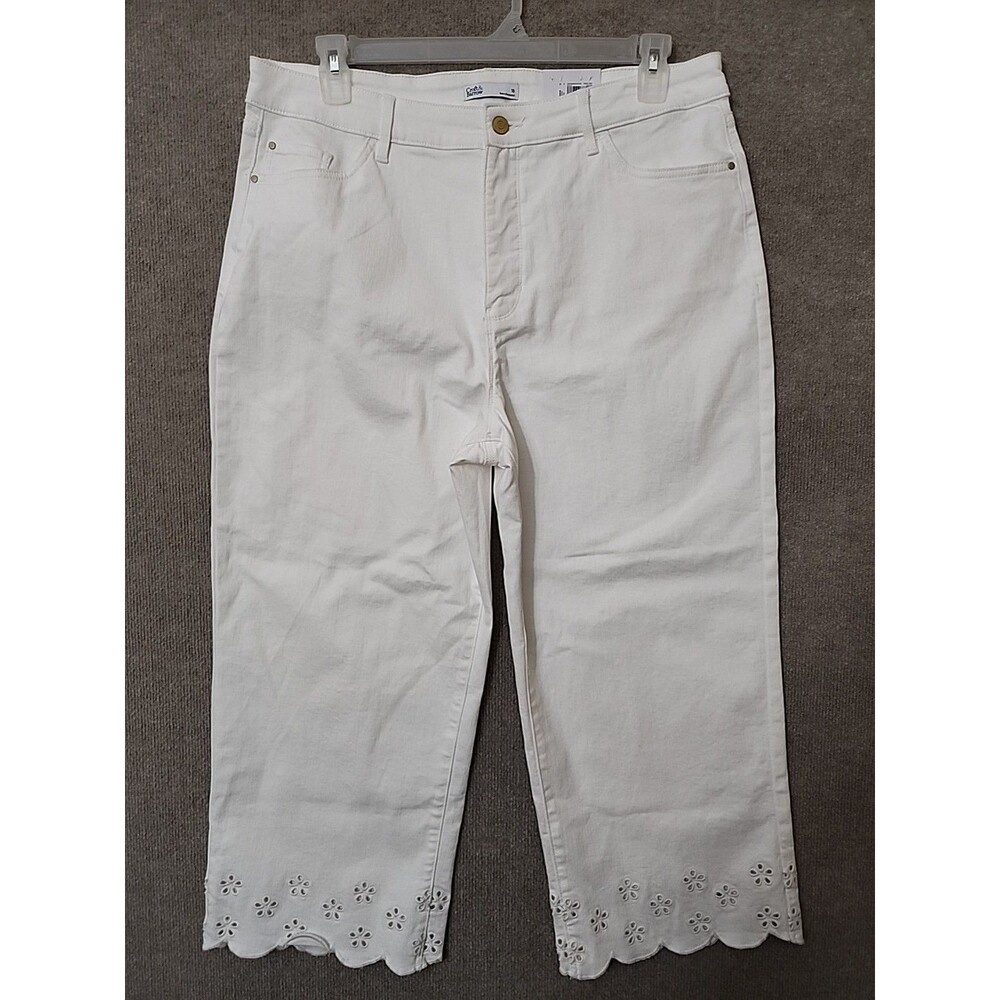 Croft Barrow Mid Rise Crop Jeans Womens 18 White Eyelet Hem Embroidered NEW
